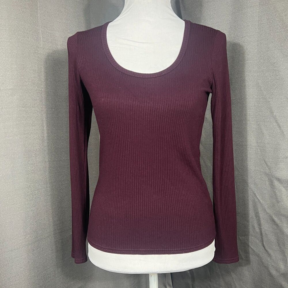 Cyrus Essentials Sm Ribbed Knit Scoop Neck Top Purple Eggplant Long Sleeve